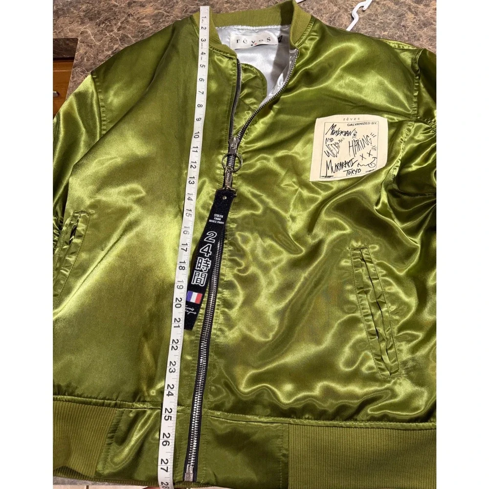 Reves Paris Olive Green Satin Ruched Bomber Jacket XL Streetwear Haring Murakami